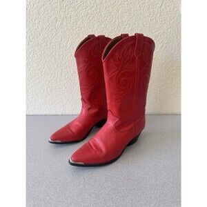 Vintage ACME Women’s Size 7 M Red Leather Cowboy Boots Western Metal Toe Tips